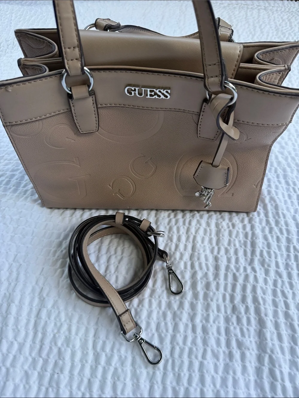 GUESS Taupe Embossed Logo Satchel with Charm